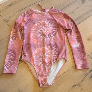 Roxy Pink and White Tie-Dye Swimsuit with Long Sleeve RashGuard